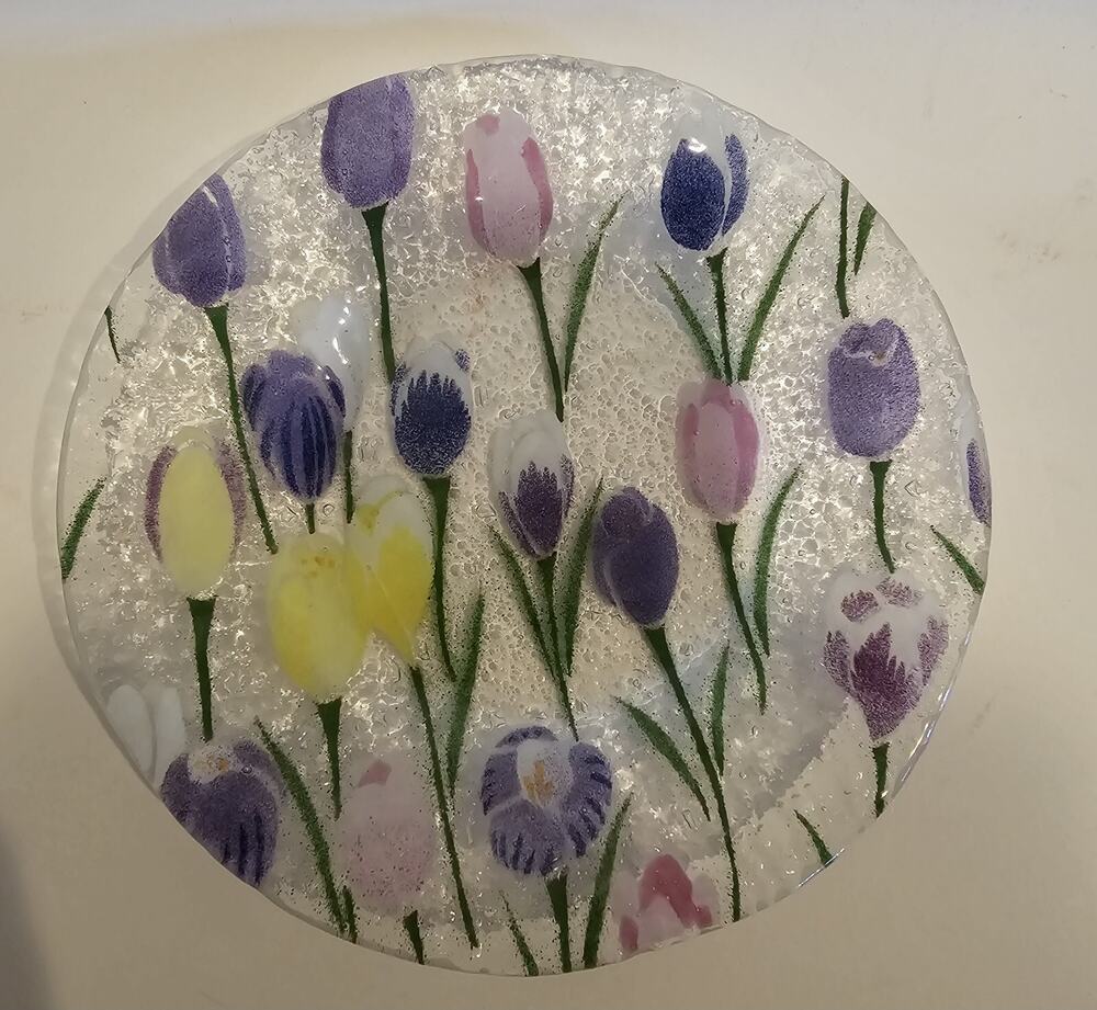 AC Ross Fused Art Glass Plates Tulips/ Spring Flowers Signed Lot Of 2